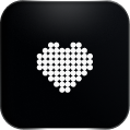 White pixelated heart made of small dots on a black rounded square background.