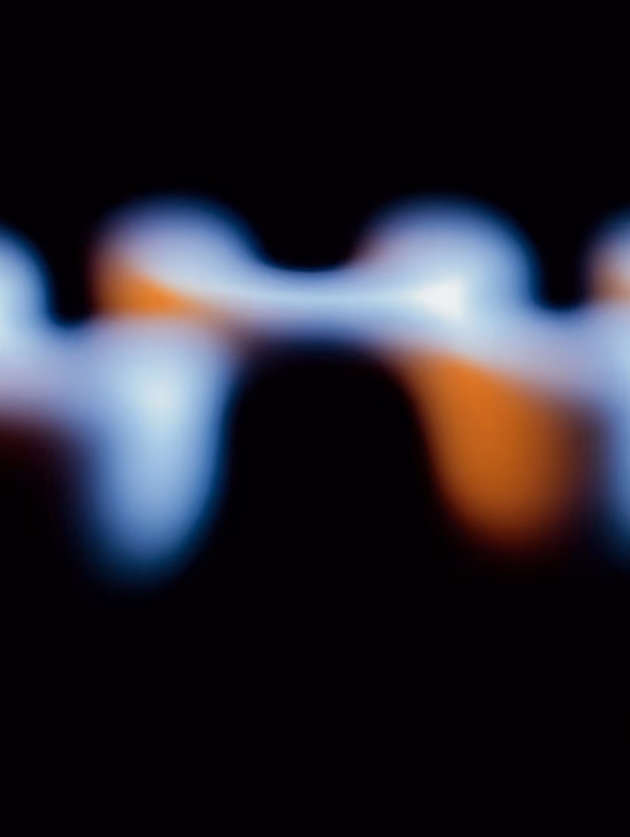 Abstract blue and orange glowing shapes connected by a soft, blurred horizontal bridge on a black background.