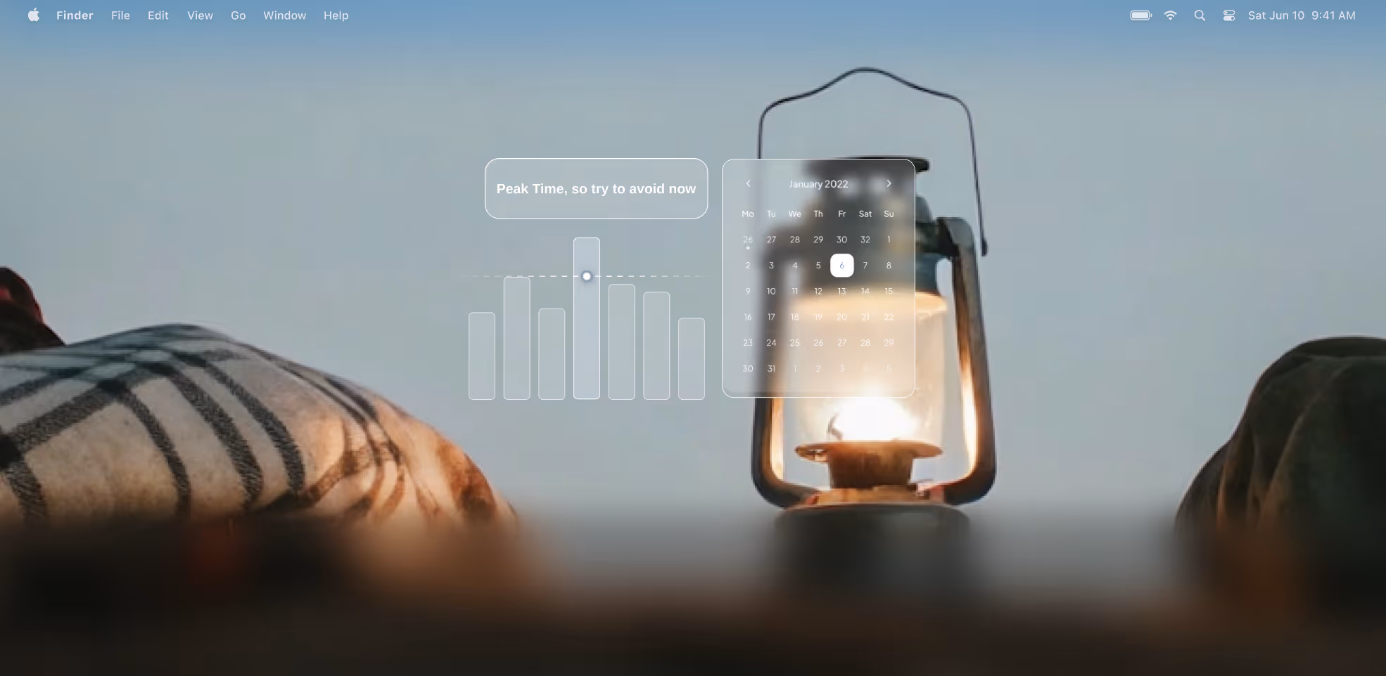 Lit camping lantern between two people lying down outdoors with a transparent digital calendar and bar graph overlay.