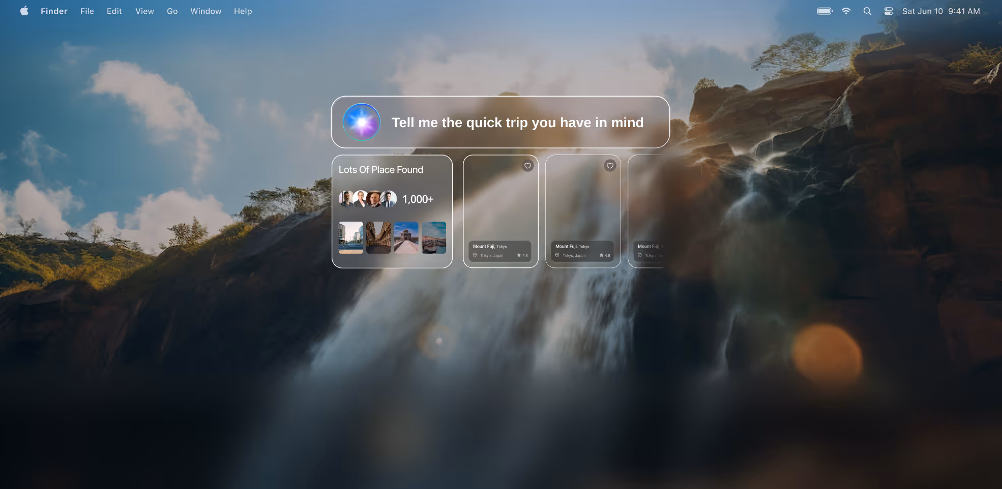 Computer screen showing a Mac interface with a waterfall wallpaper and a search widget saying 'Tell me the quick trip you have in mind' with travel options including Tokyo.