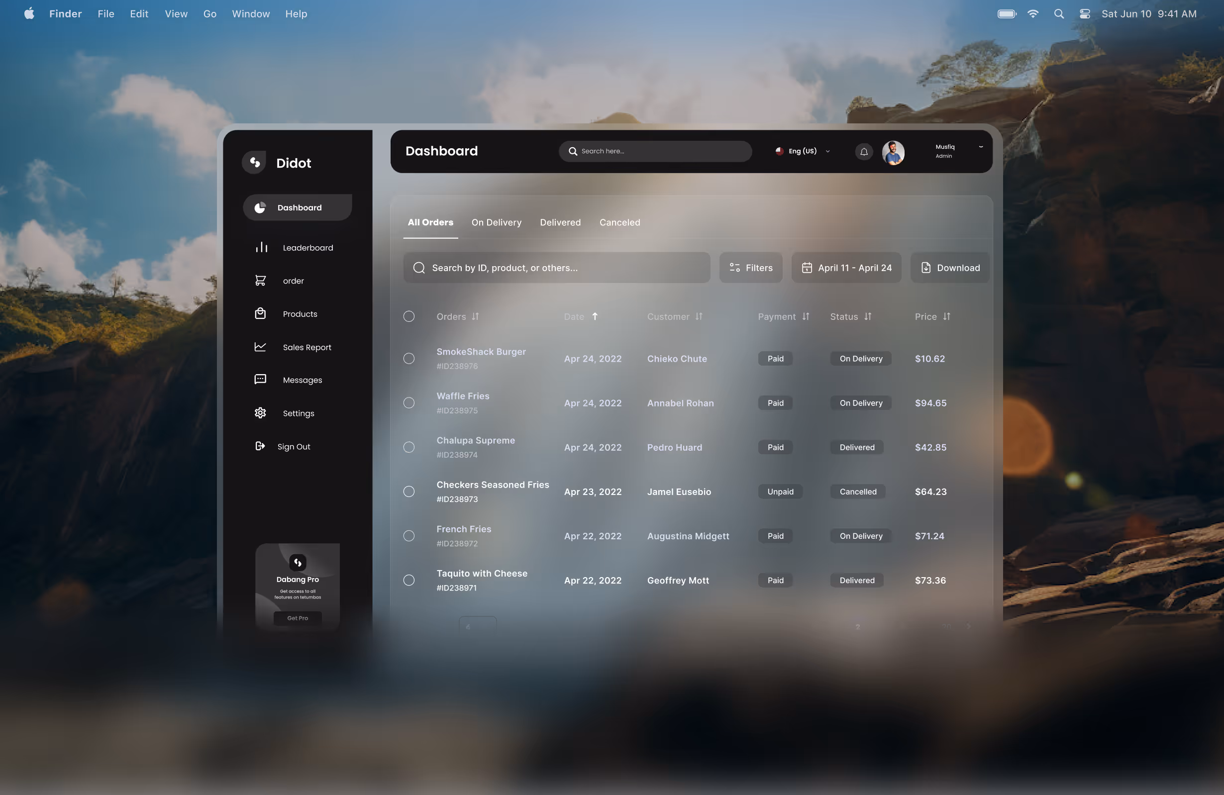 Dashboard interface showing orders list with details like date, customer, payment status, delivery status, and price over a blurred nature landscape background.