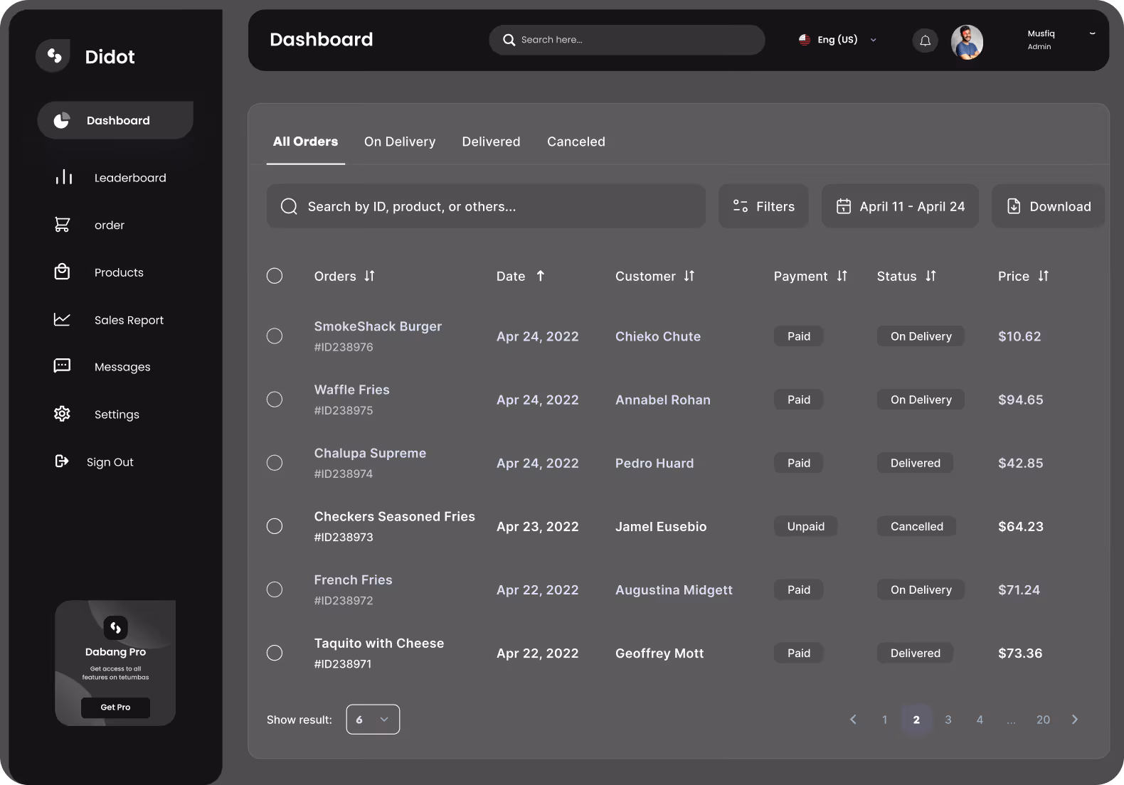 Dashboard interface showing order list with columns for orders, date, customer, payment status, delivery status, and price.