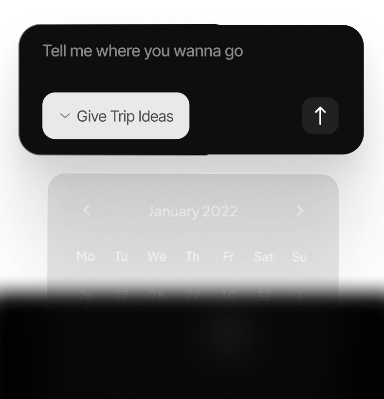 Travel search bar with prompt 'Tell me where you wanna go,' a dropdown button labeled 'Give Trip Ideas,' and a calendar showing January 2022 days and weekdays.
