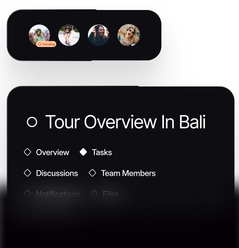 User interface with four circular profile pictures above a menu titled 'Tour Overview In Bali' showing options: Overview, Tasks, Discussions, and Team Members.