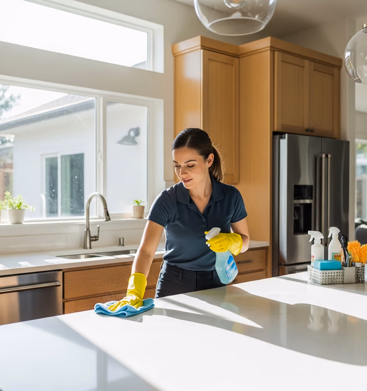 Woman wearing yellow gloves cleaning a white kitchen countertop with a blue cloth and spray bottle.