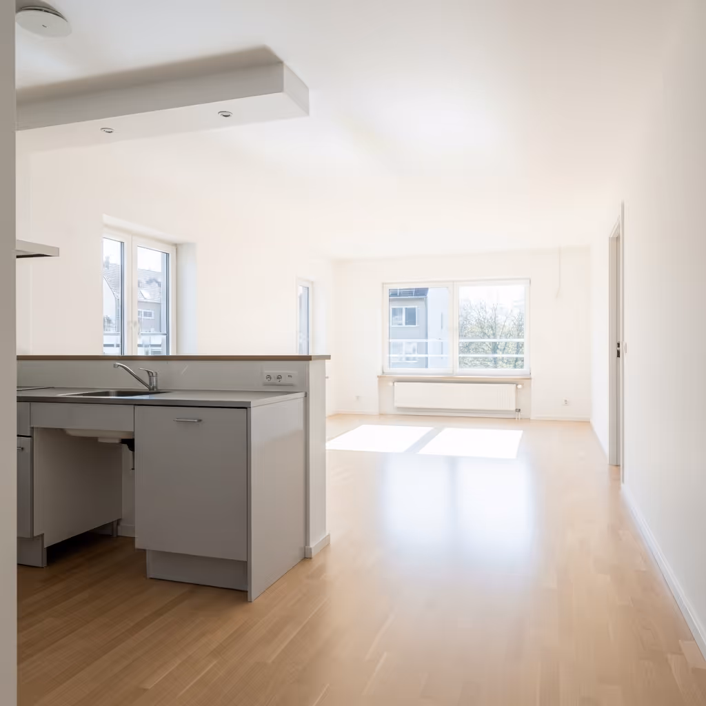 Bright empty apartment with light wood flooring, large windows, and a small kitchen area with a sink and cabinets.