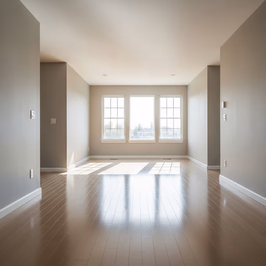Empty room with light wooden floor, beige walls, and three large windows letting in sunlight.