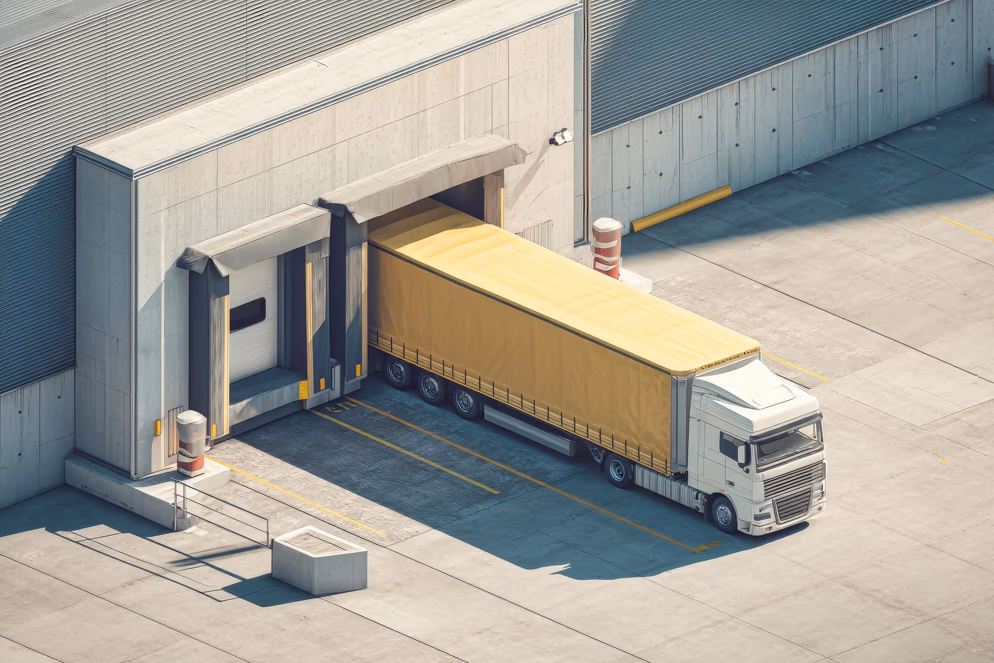 White semi-truck with a yellow trailer backed into a warehouse loading dock.