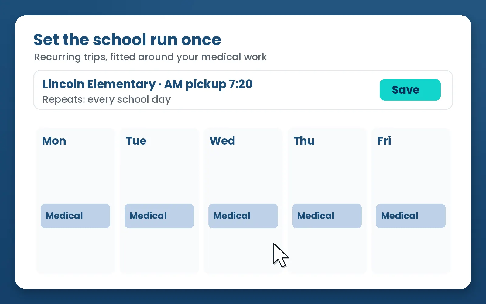 Animation: a recurring school pickup is saved once and fills Monday to Friday, then Friday is marked no school