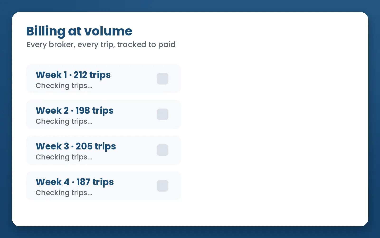 Animation: four weeks of trips are checked, an invoice batch is tracked to paid and exported for QuickBooks