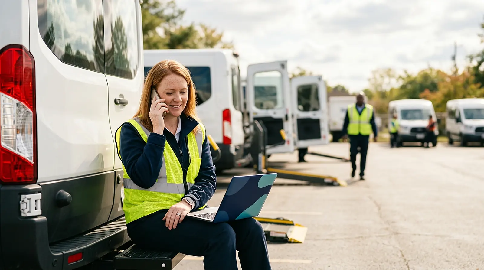 NEMT owner checking a live vehicle map on a laptop at the depot while on a phone call
