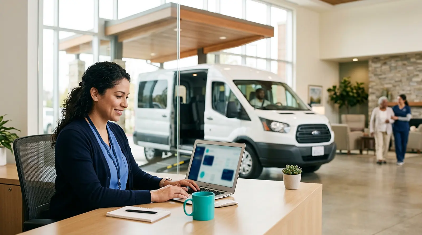 Nursing facility coordinator submitting a trip request on a laptop as an accessible van arrives outside