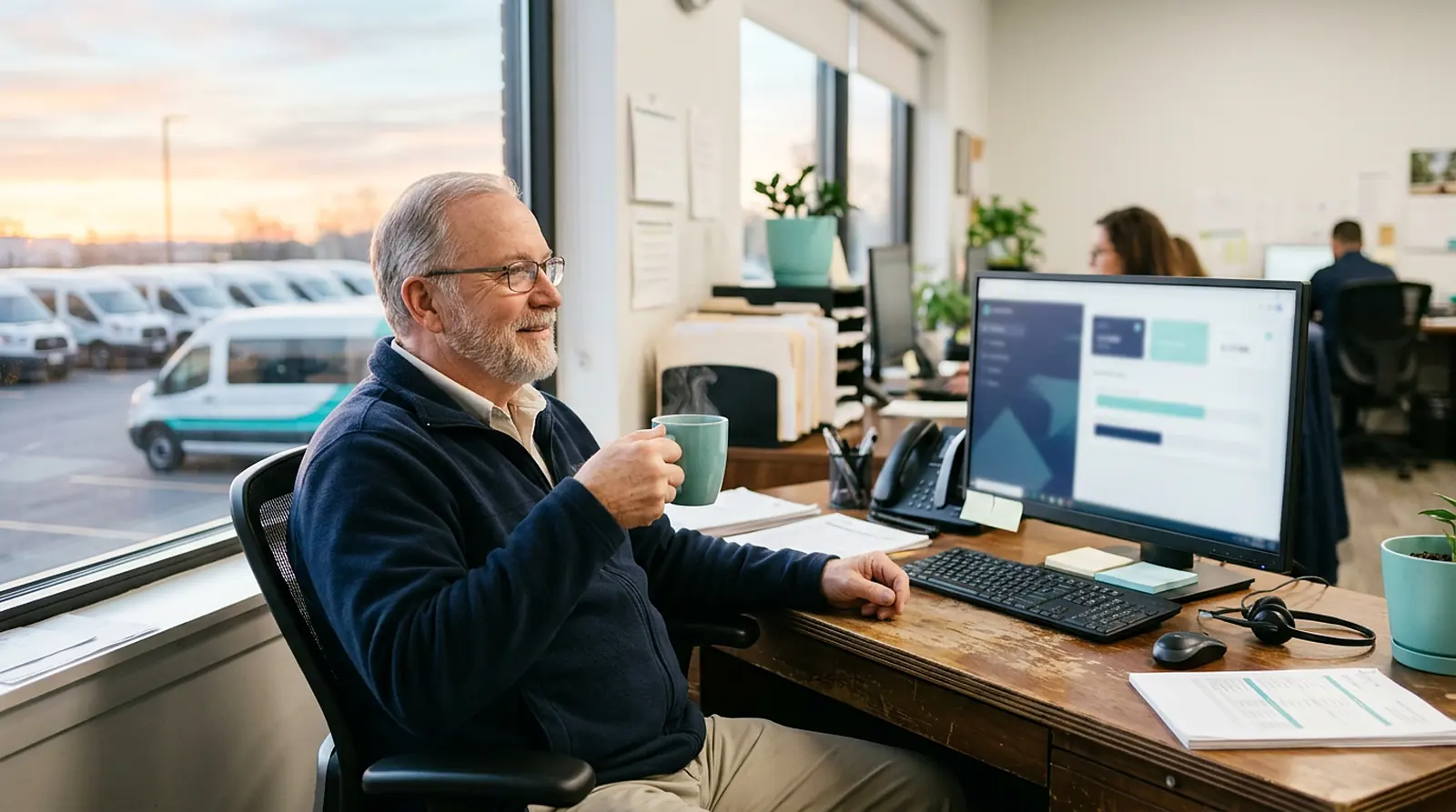 NEMT owner relaxing with coffee beside a monitor showing a finished trip schedule at sunrise