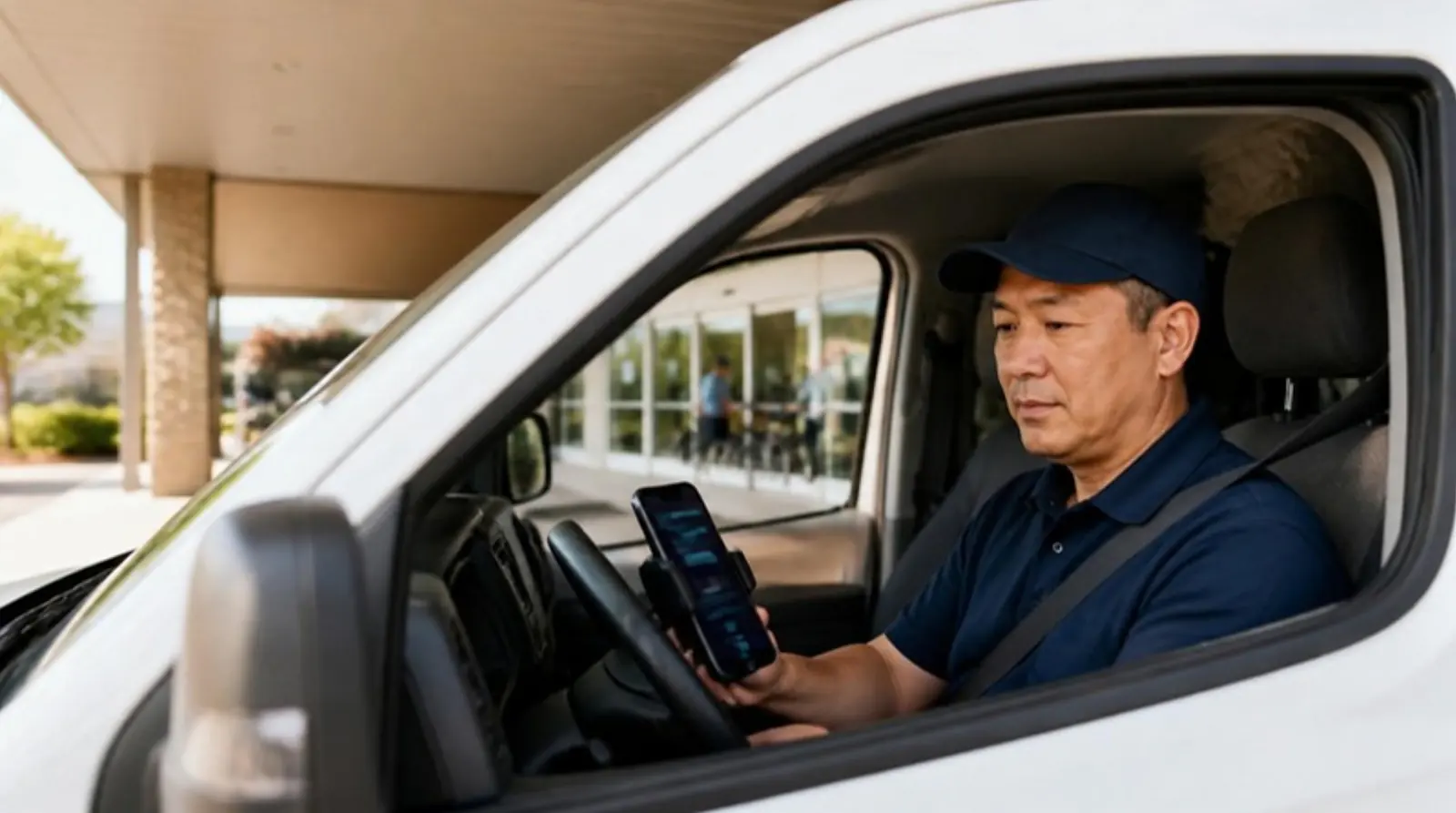 Van driver parked at a hospital entrance reads a message from dispatch on his phone