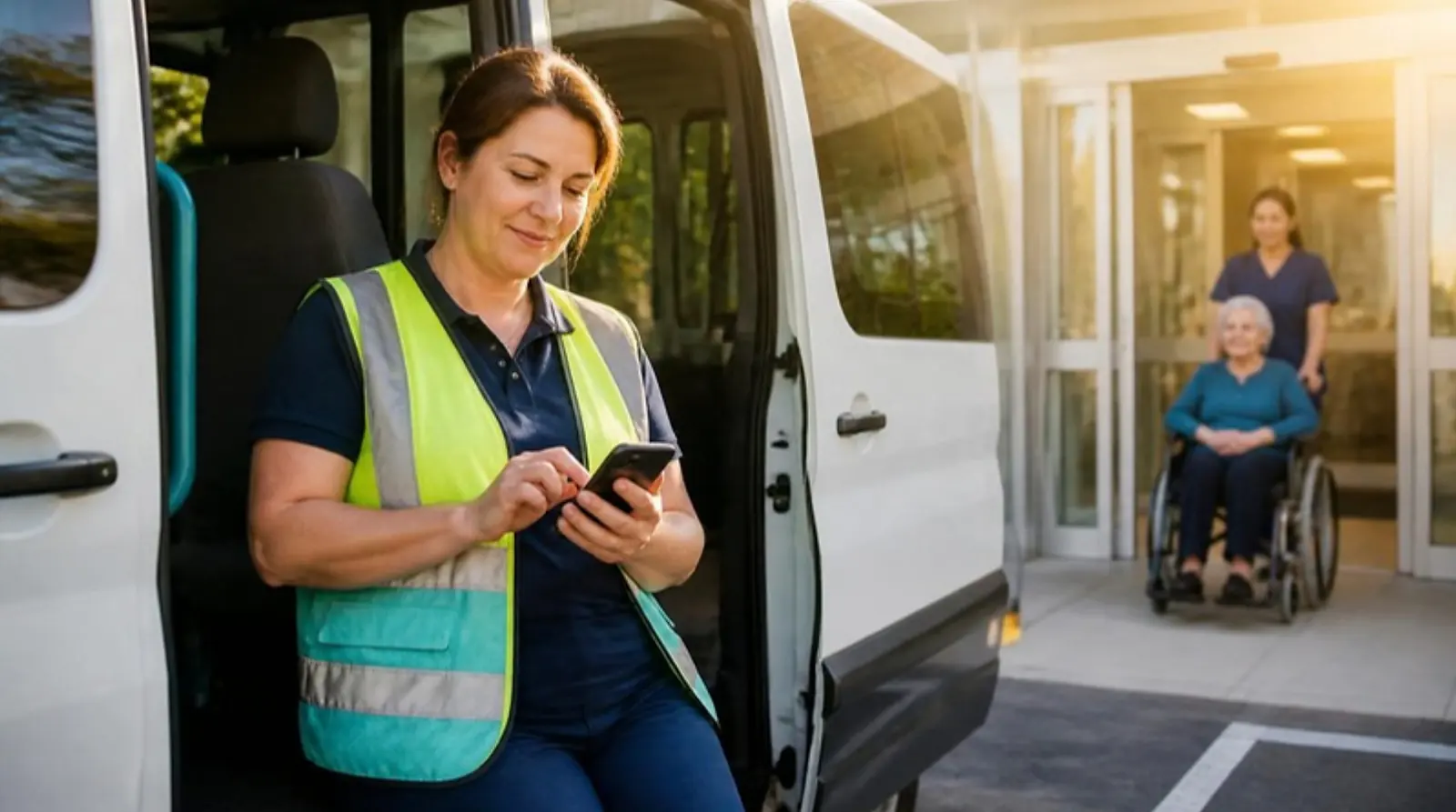 Driver outside a dialysis clinic activates a will-call return on her phone as her rider comes out