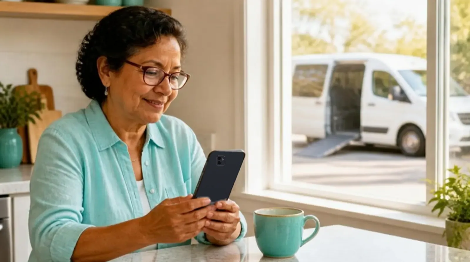Older woman reads a trip reminder text in her kitchen with a van parked outside the window