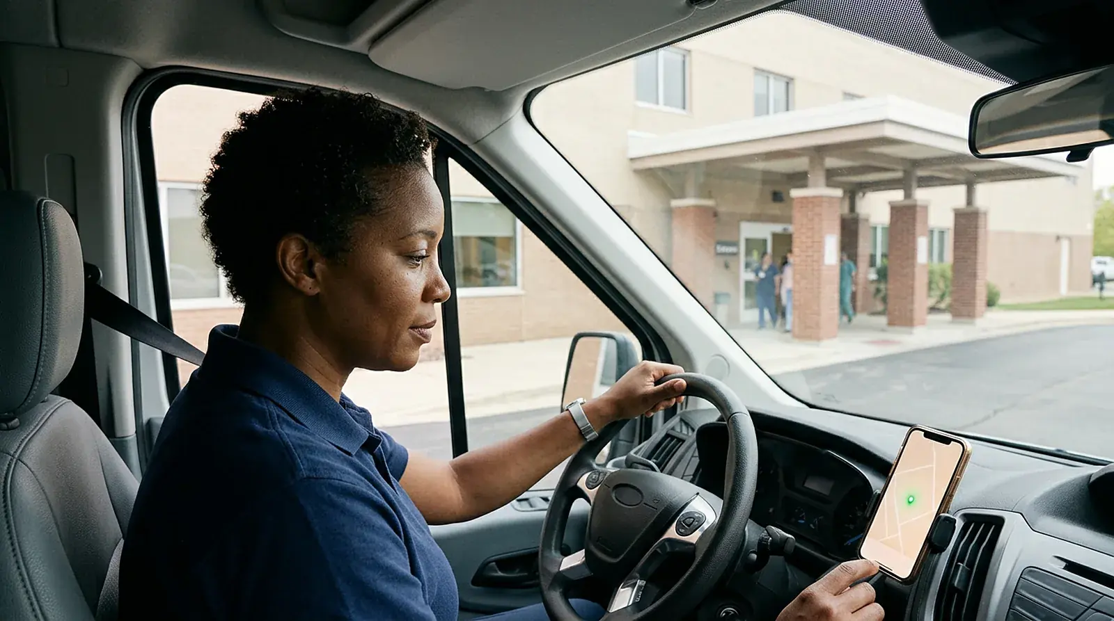 Van driver arriving at a hospital side entrance with a pinned pickup point on a dash-mounted phone