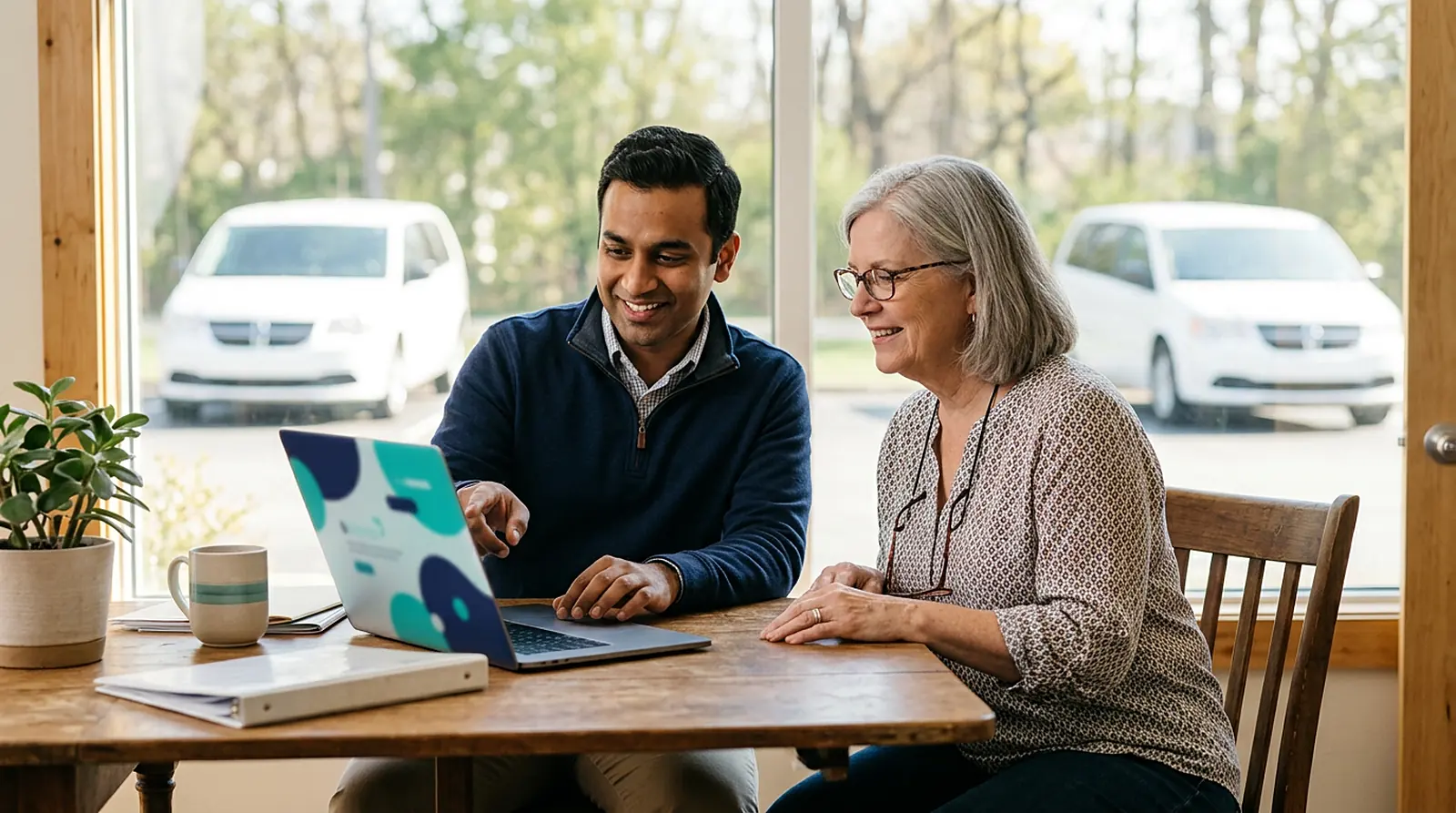 Onboarding specialist and NEMT owner reviewing a setup checklist together on a laptop