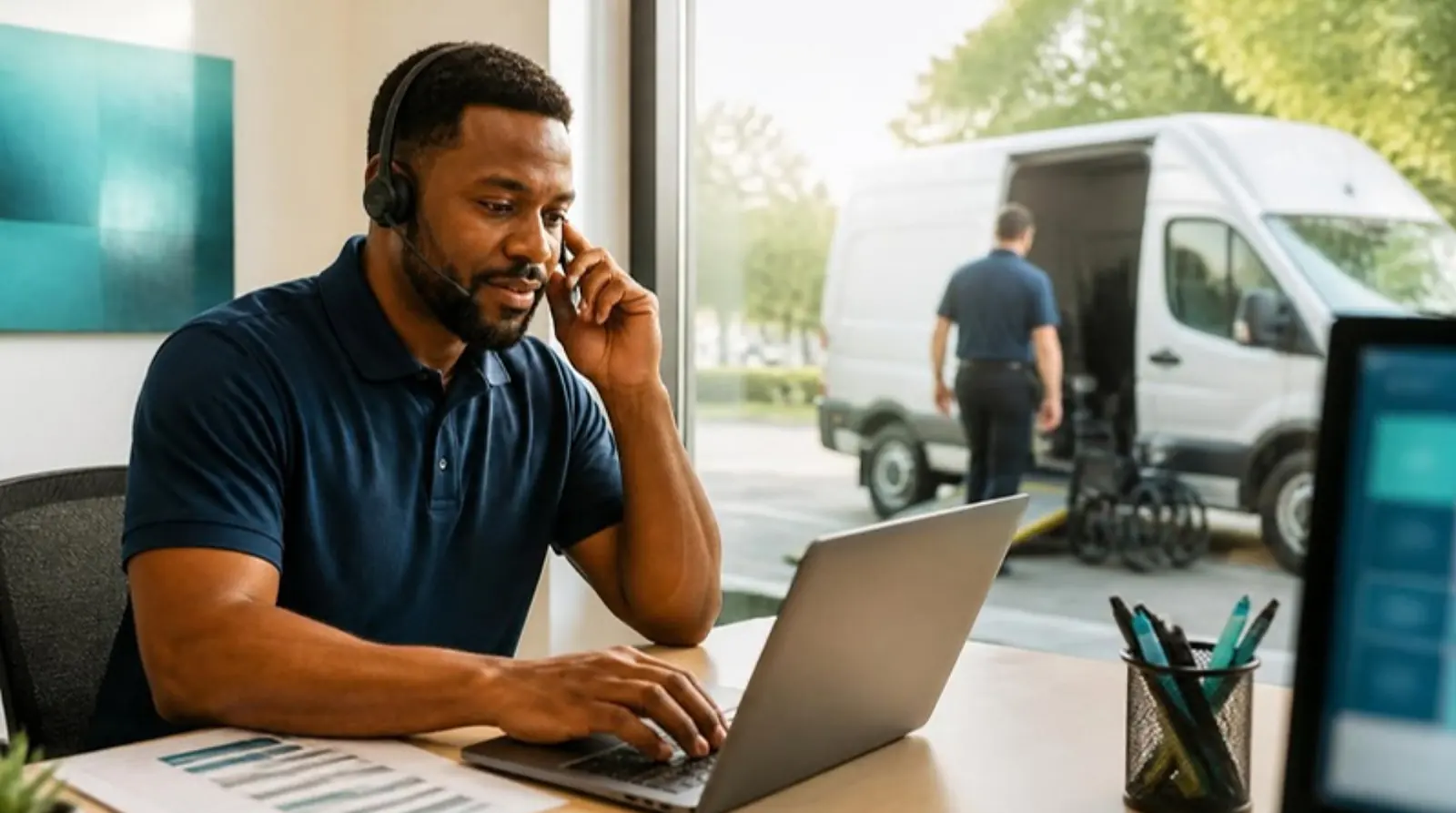 Dispatcher wearing a headset books a trip on his laptop while a driver heads to a van outside