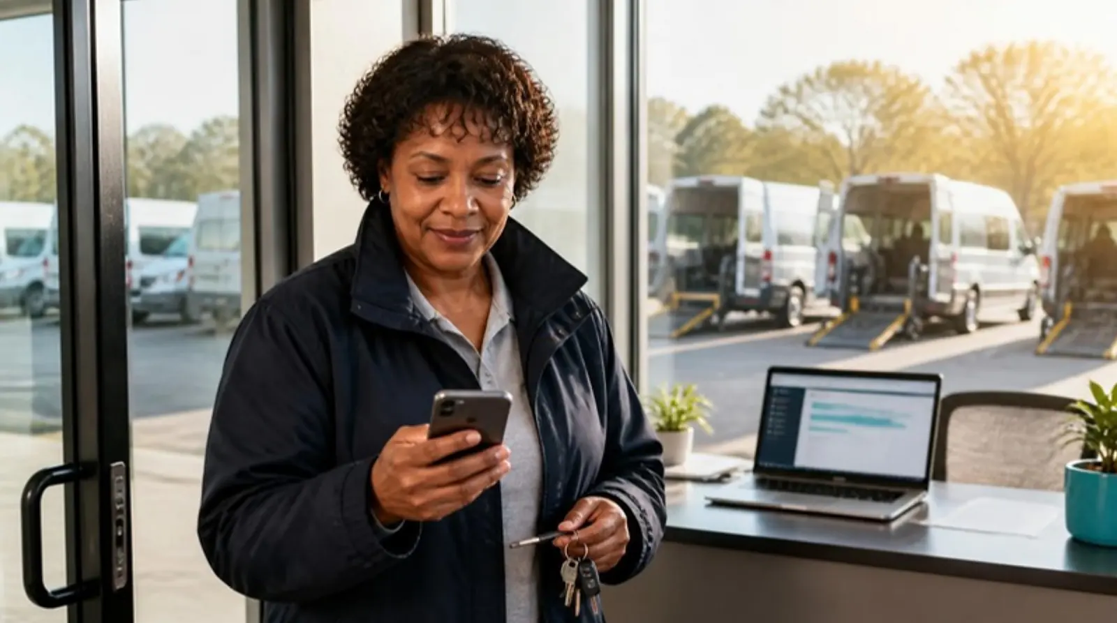 NEMT owner arriving at her office checks a new trip request alert on her phone