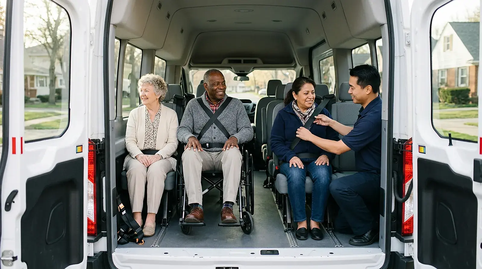 Driver helping a third passenger buckle in inside an accessible van with two other riders aboard