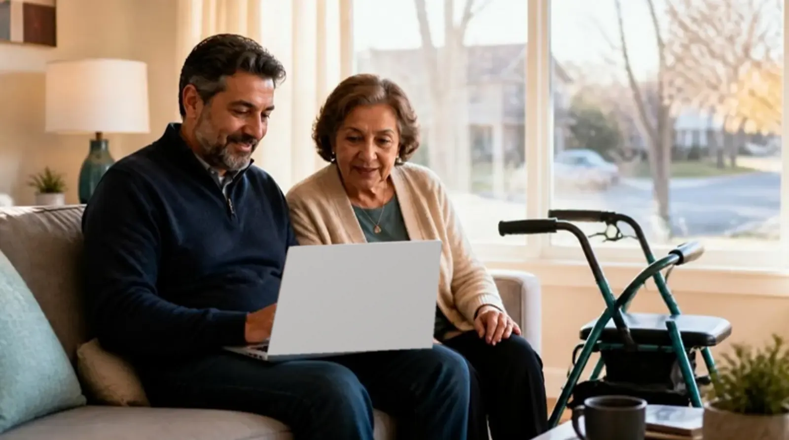 Man and his elderly mother review a trip request form with a price estimate on a laptop at home