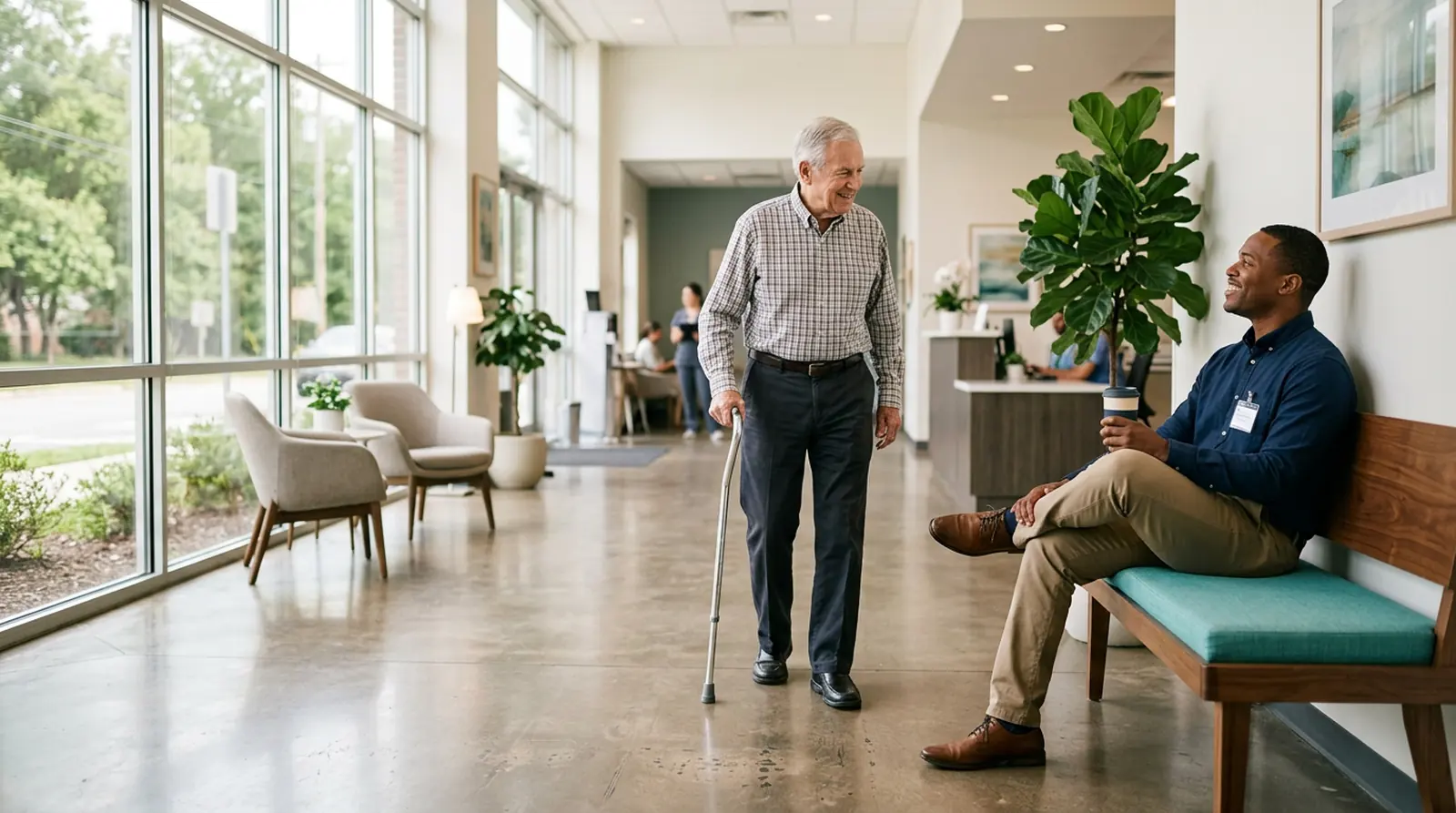Van driver waits in a clinic lobby with his van parked outside the window