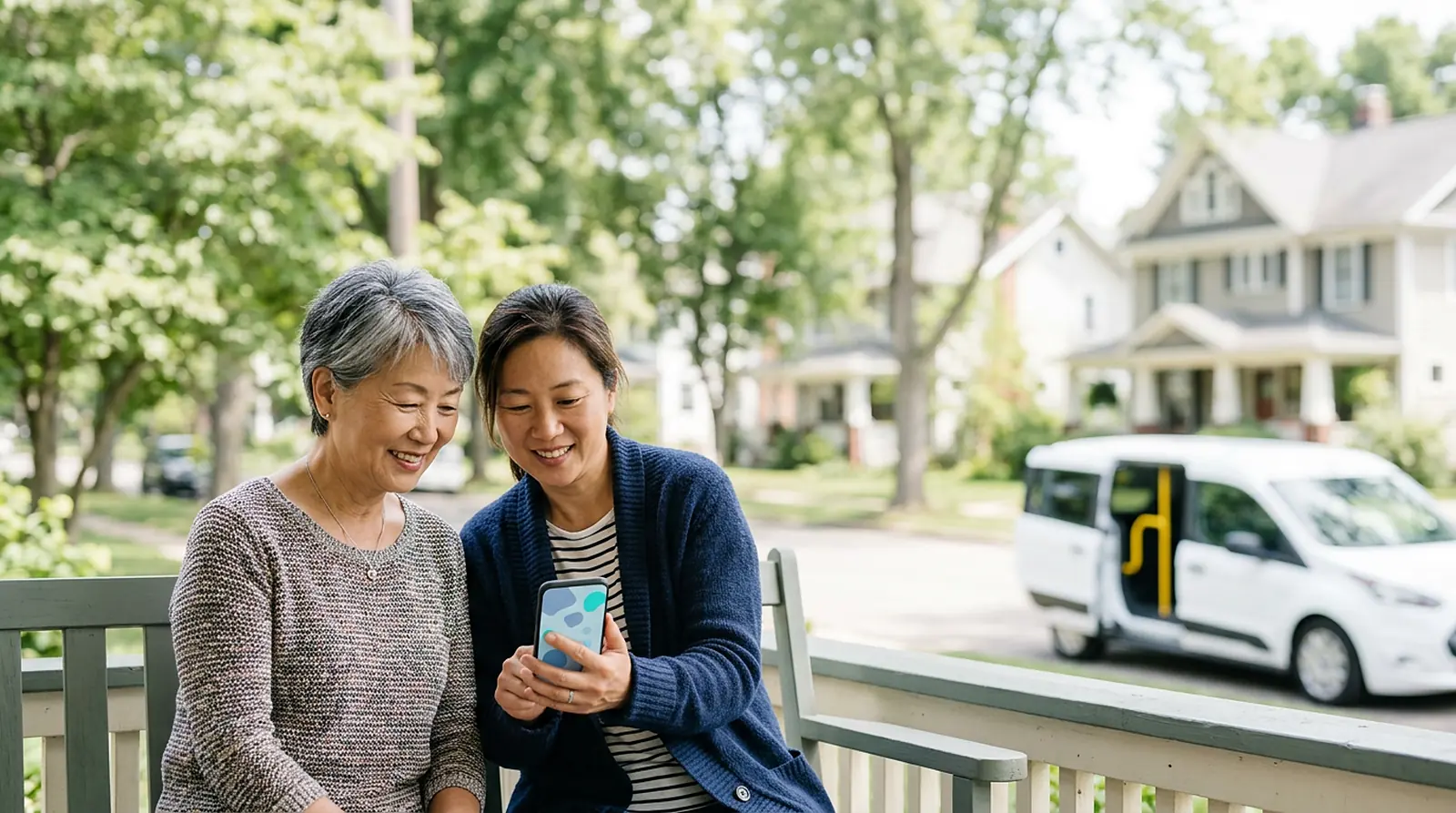 Older woman and her daughter on a porch watch a van approach on a phone map as the van turns onto their street