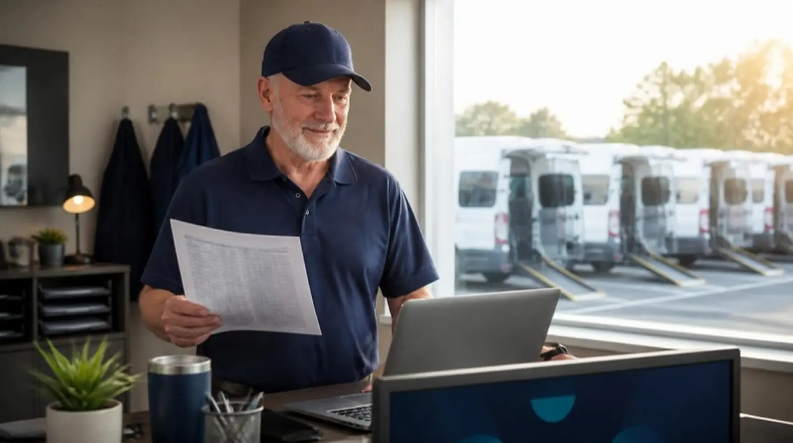 Depot owner at a standing desk compares a printed rate sheet with pricing on his laptop