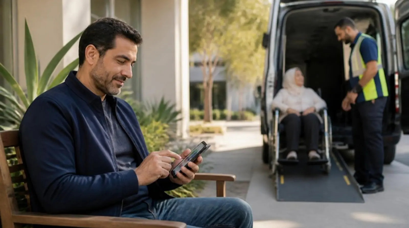 Man pays a trip invoice link on his phone while a driver helps his mother board a wheelchair van