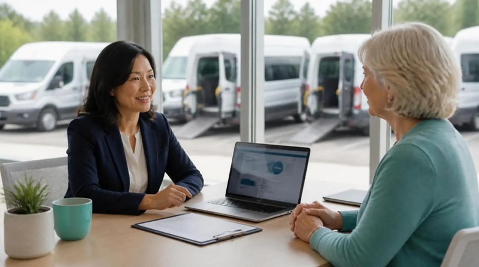 NEMT owner and a facility manager review payer settings on a laptop at a conference table