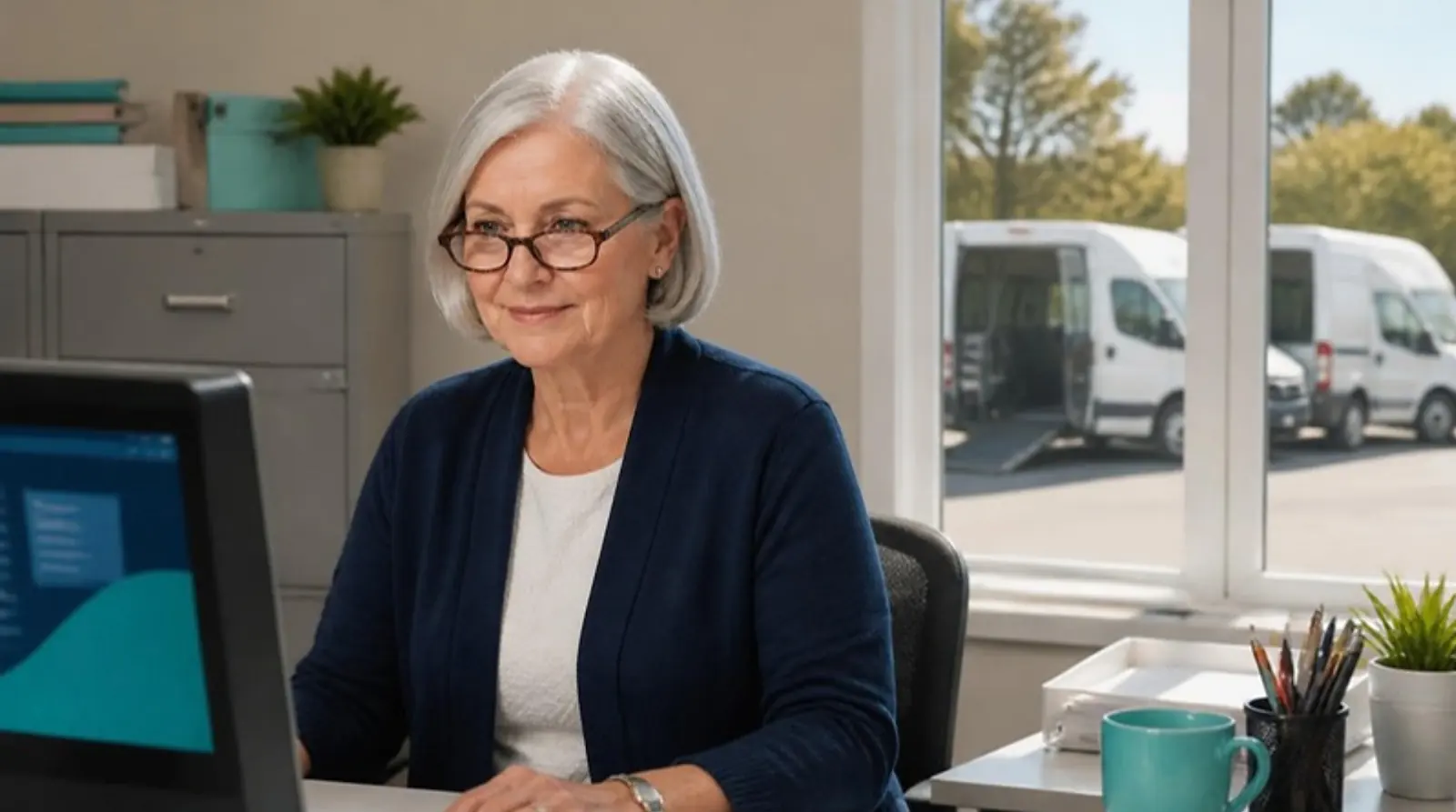 Bookkeeper at a back-office desk reviews a spreadsheet of exported trip invoices