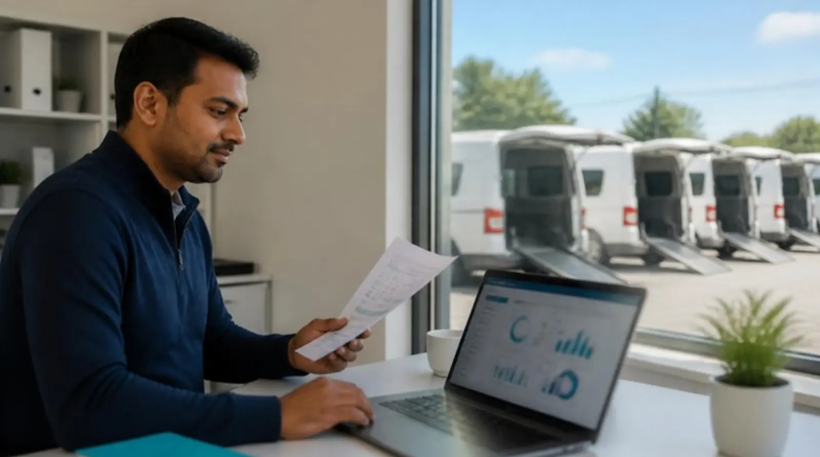 Billing coordinator builds a custom trip report on a laptop while checking a printed spec