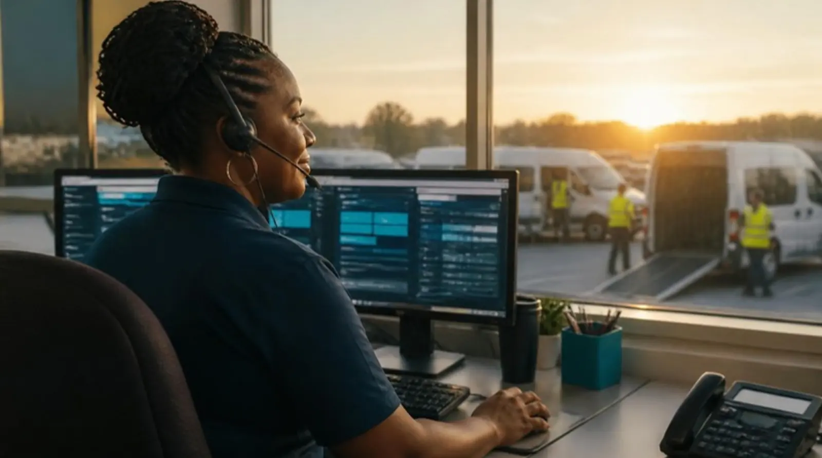 Dispatcher at sunrise watches revenue totals above each driver column on dual monitors