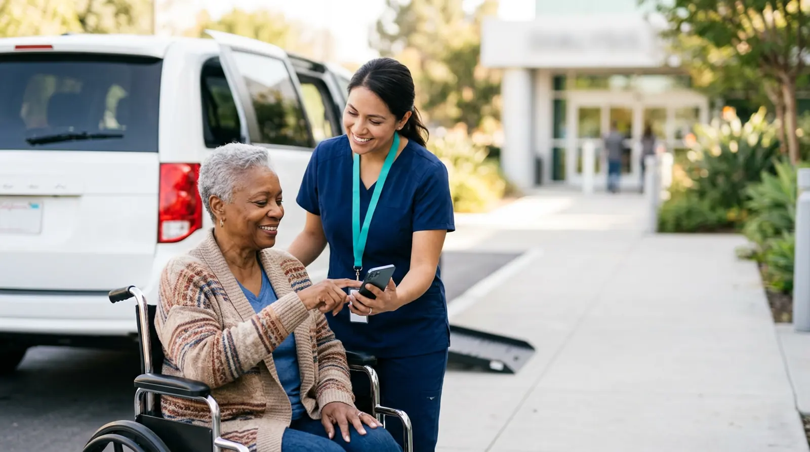 Driver holds a phone steady while an older woman in a wheelchair signs with her fingertip outside a clinic