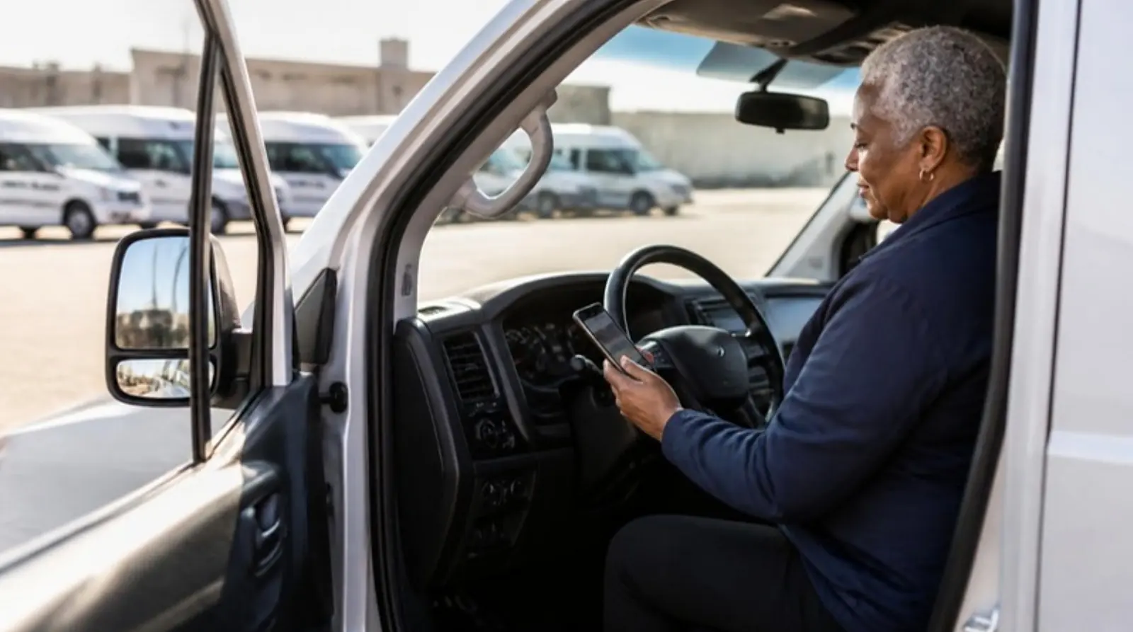 Driver in a van's open doorway checks the dashboard and enters a reading on her phone in morning light