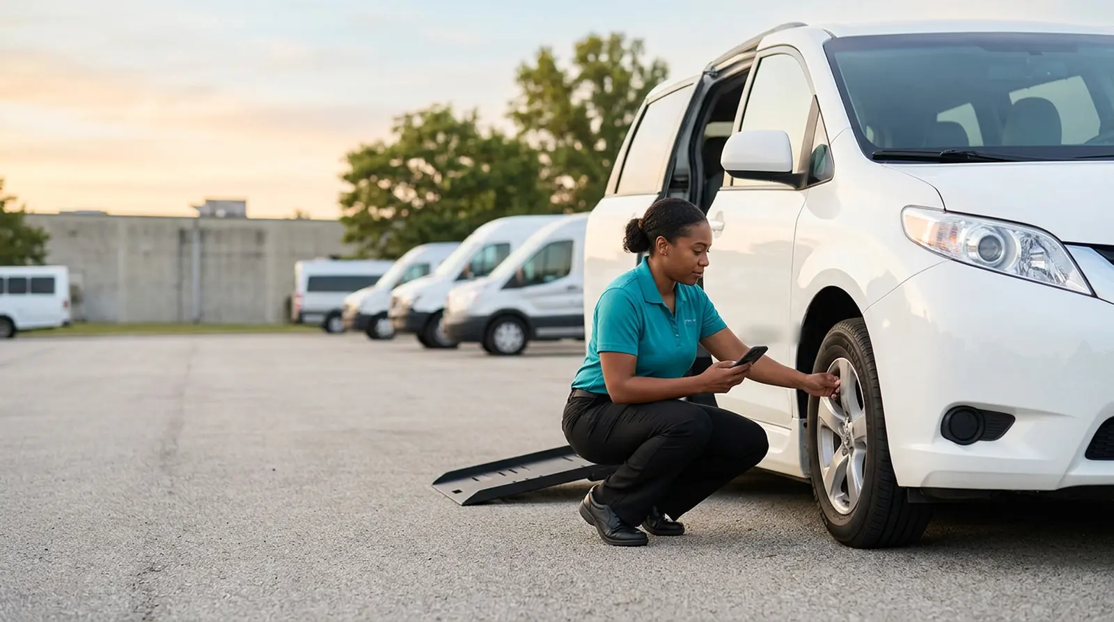 Driver crouches beside a wheelchair van checking a tire and logging the inspection on her phone