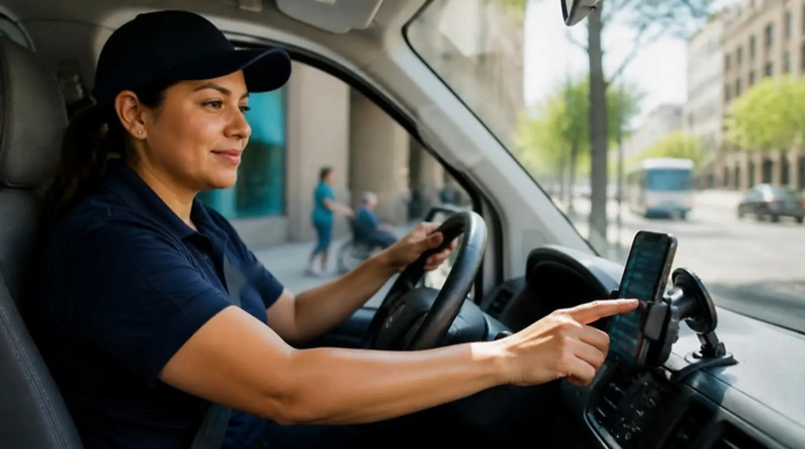 Driver in a navy cap taps a phone in a dash mount to start directions on a sunny city street