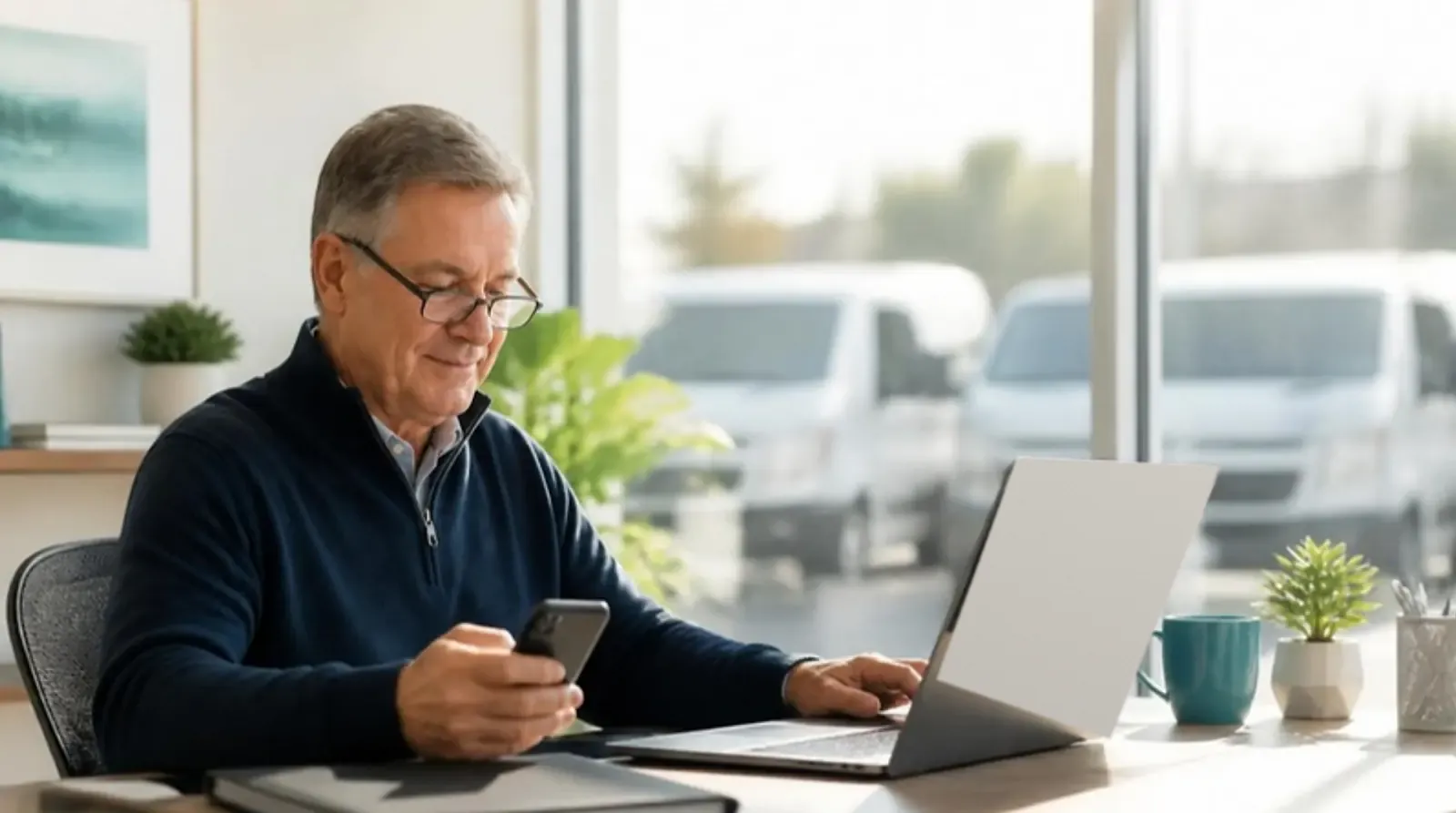 Owner with reading glasses checks an expiring credential alert on his phone by a sunny office window