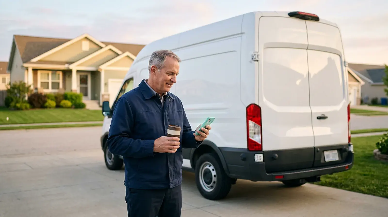 NEMT driver checks his phone in a home driveway beside a full-size white van before his first trip