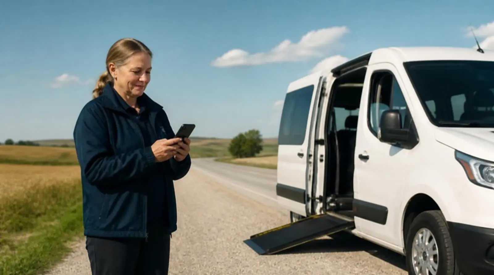 Driver stands beside a van on a rural road checking her phone under a wide blue sky