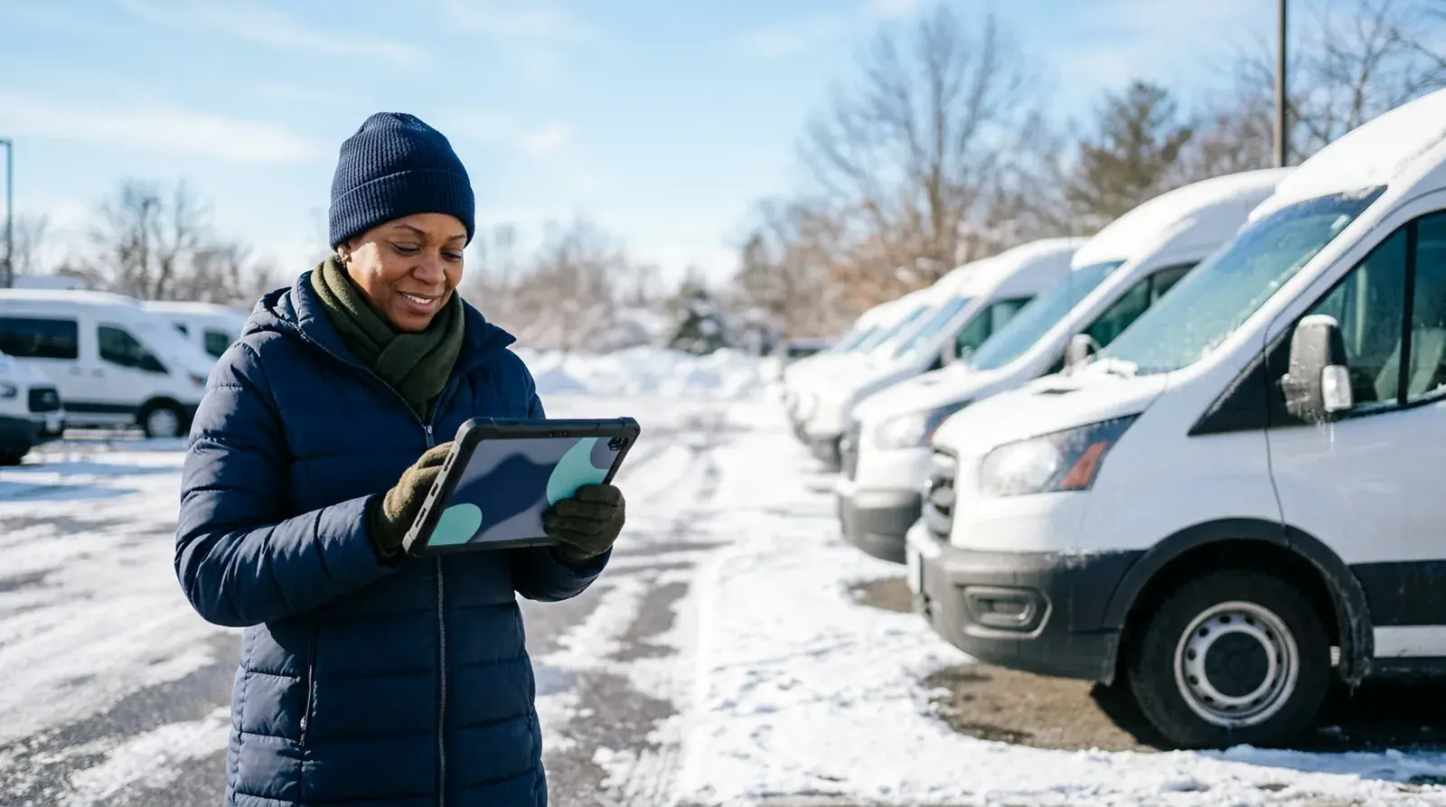 NEMT owner in a snowy van lot updates a batch of trips at once on a tablet