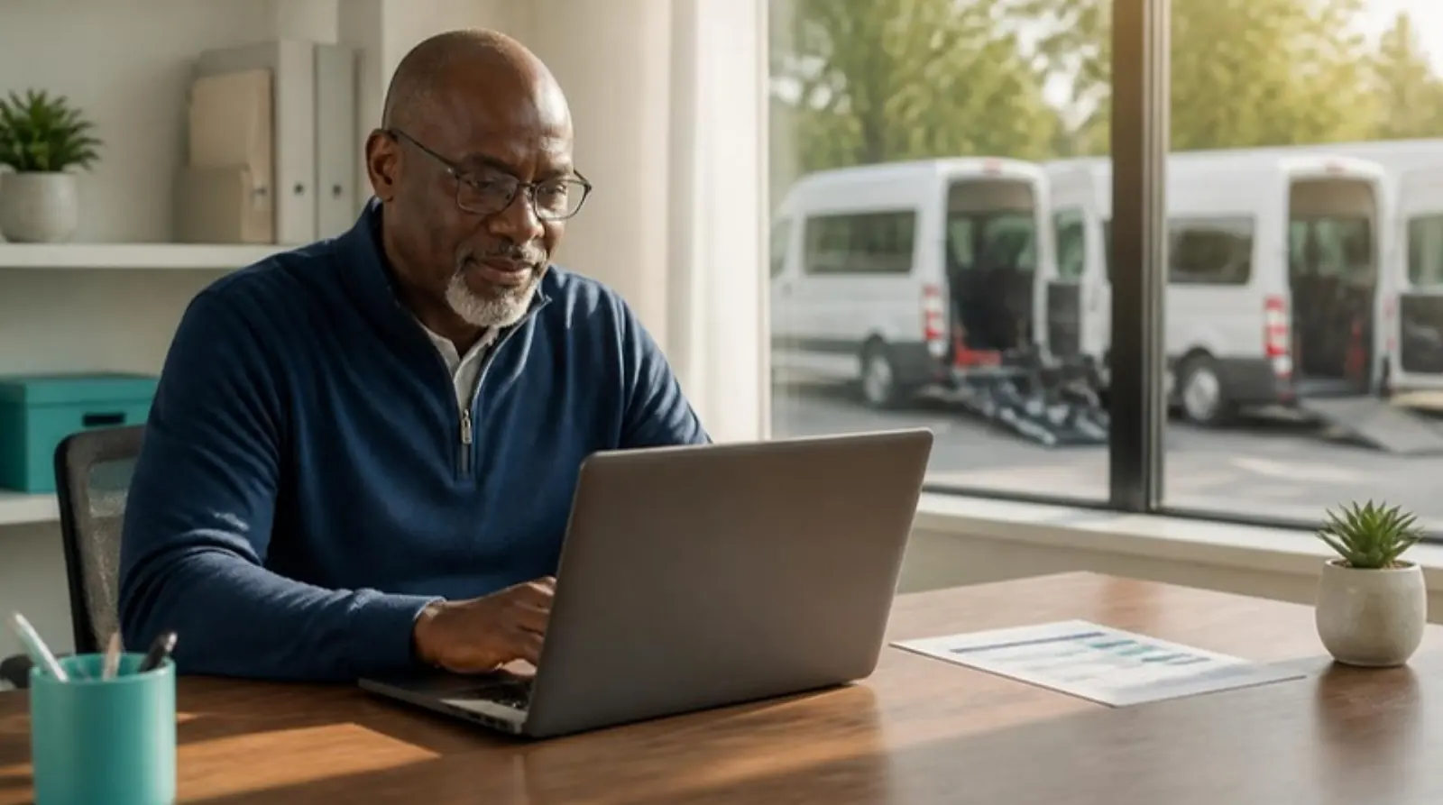 NEMT owner reviews a driver timecard spreadsheet on a laptop in a sunny back office
