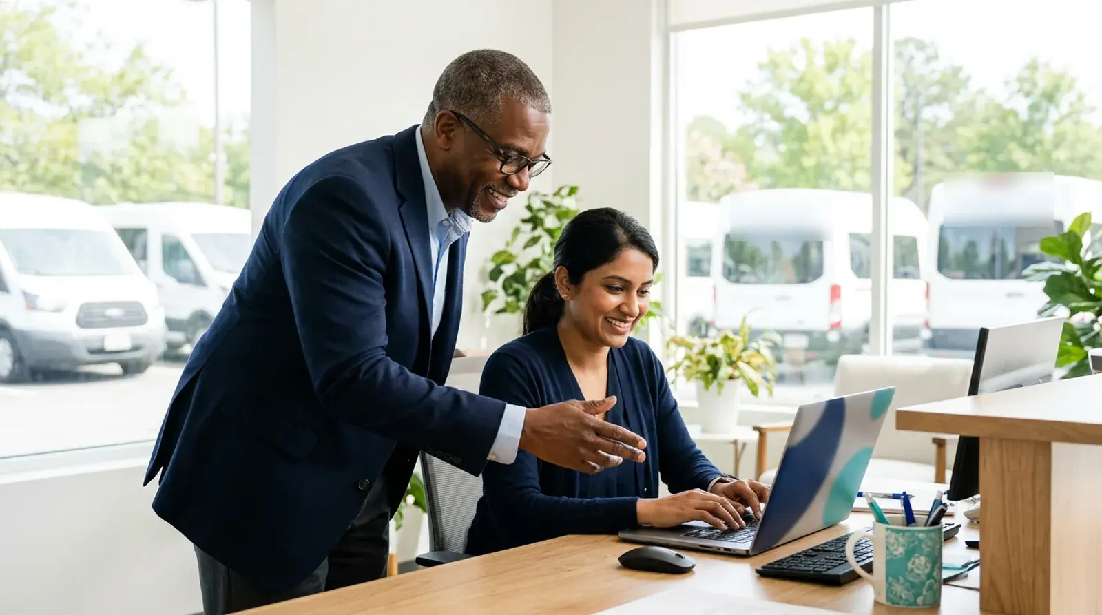 NEMT owner helps a new office hire set up her account on a laptop at the front desk