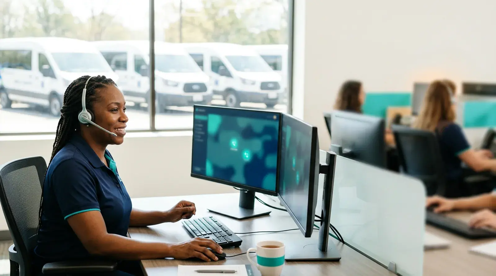 Dispatcher on a headset finds one highlighted trip on a dimmed dispatch calendar in a sunny office