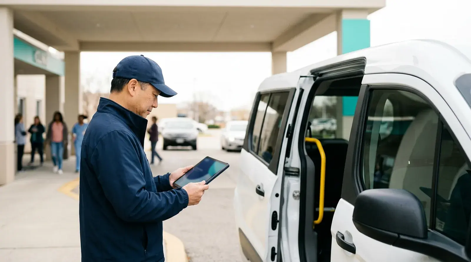 NEMT owner at a clinic drop-off curb checks traffic on a tablet beside a wheelchair van