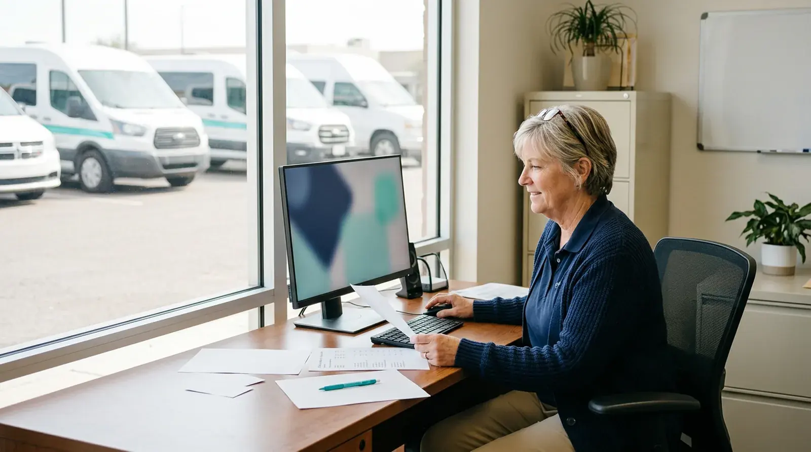 NEMT owner reviews mileage pricing tiers on a laptop in a sunny depot office