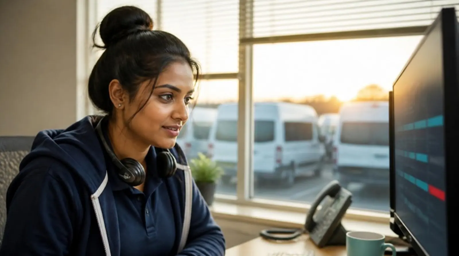 Dispatcher at sunrise scans trip cards with color-coded passenger tags on a monitor