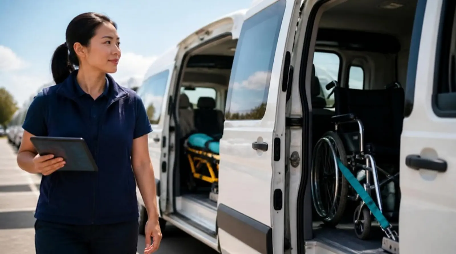 Fleet manager with a tablet checks the wheelchair space inside an accessible van on a sunny lot