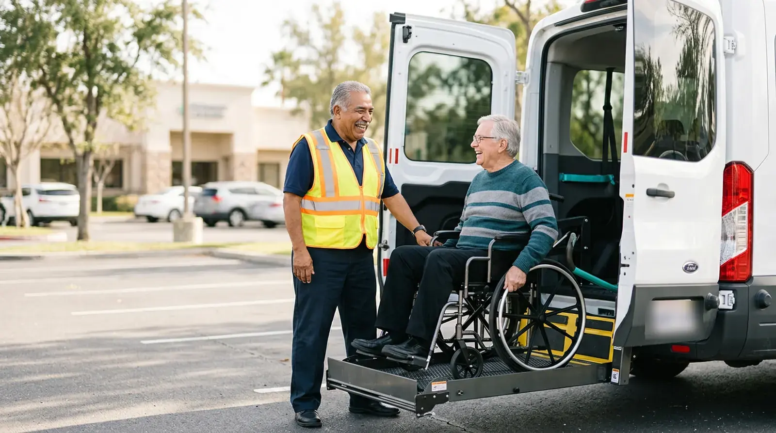 Longtime NEMT driver laughs with his regular wheelchair rider at the van lift outside a clinic